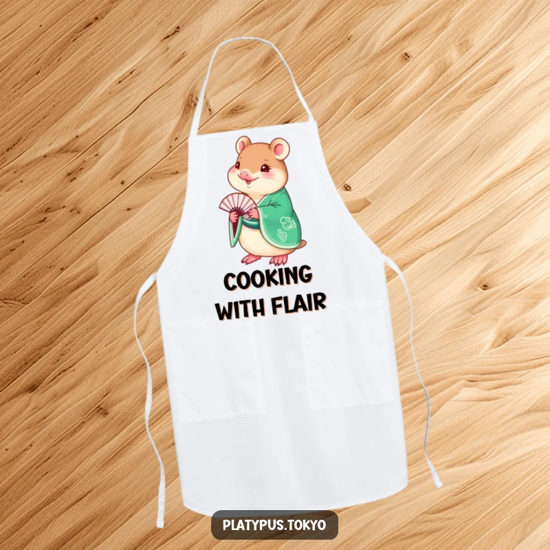 Funny Platypus Kimono Apron featuring a charming platypus in a vibrant emerald green kimono, holding a delicate fan.