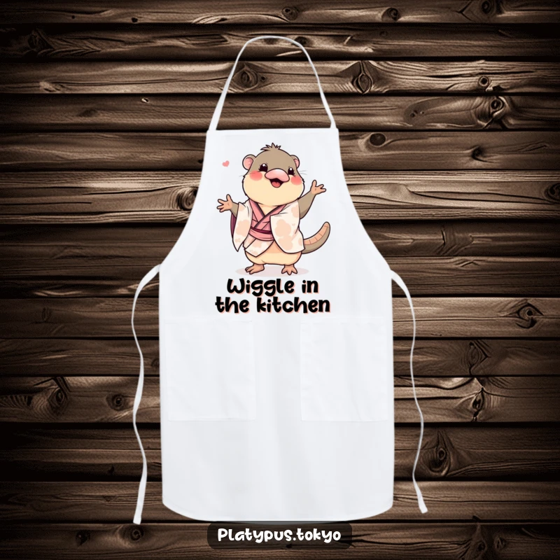 Funny platypus in a kimono doing a wiggly dance, on a kitchen apron, for playful and energetic cooking.
