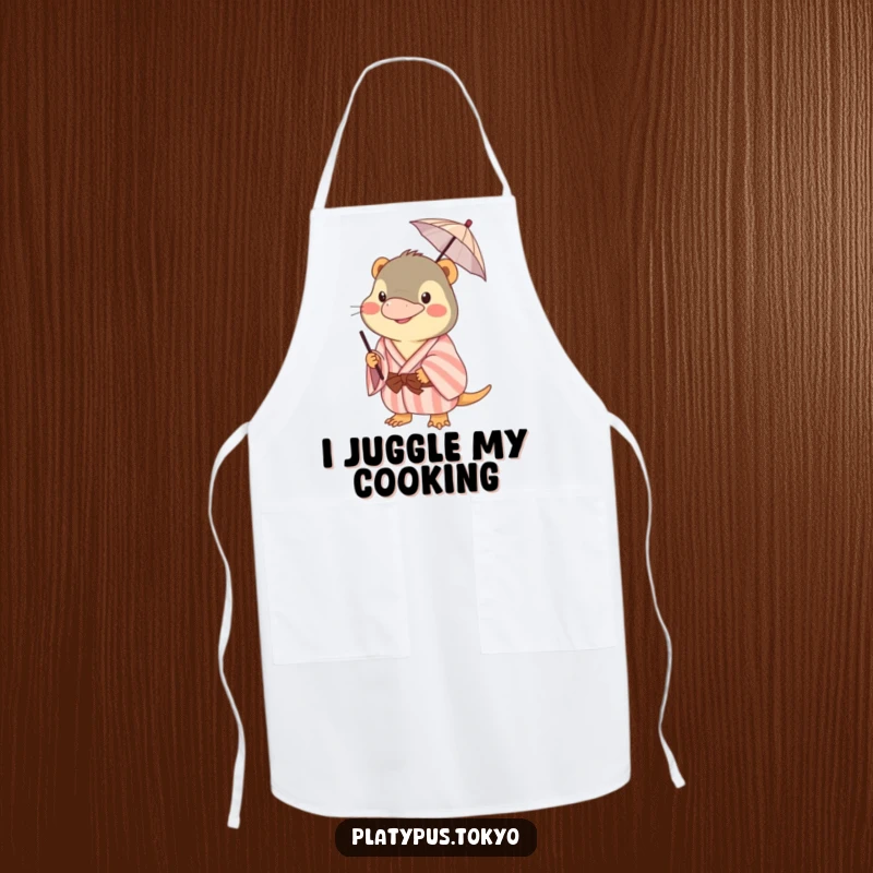 Funny platypus apron featuring a happy animal in a pastel kimono, humorously balancing a tiny umbrella while cooking, kitchen delight.