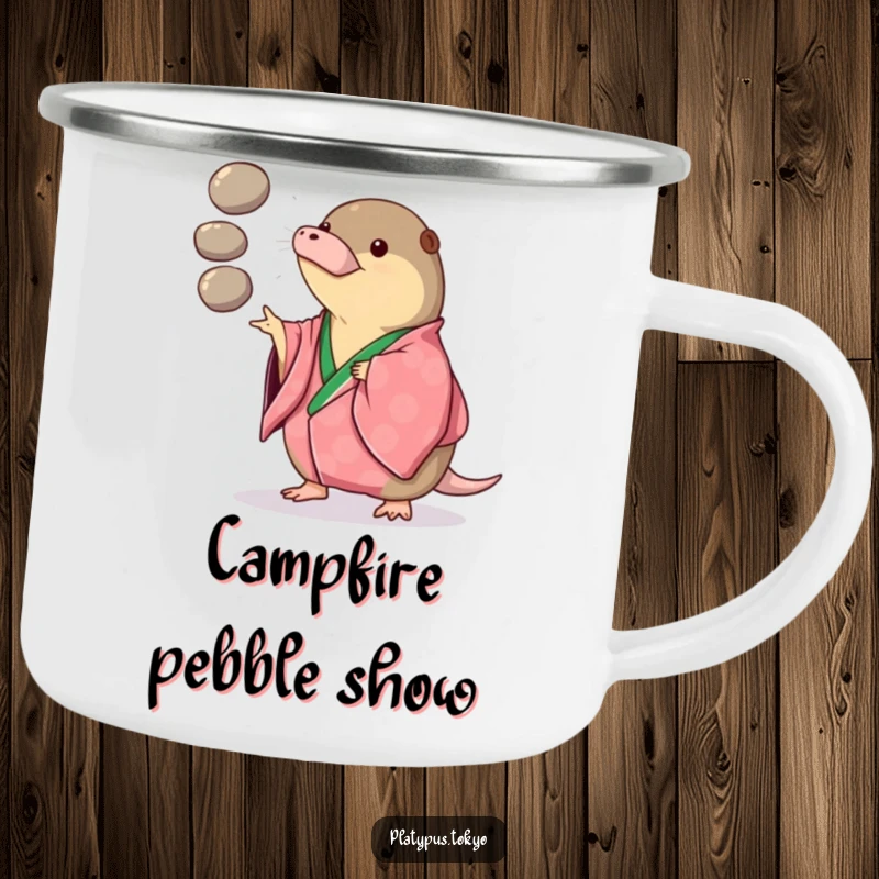 Funny Camping Mug with a platypus in a vibrant kimono playfully juggling three smooth, round pebbles, great for camping.