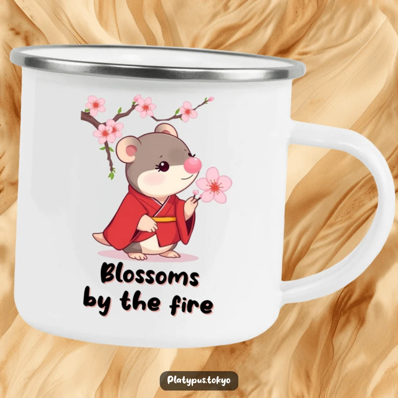 Funny Platypus Cherry Blossom Camping Mug showing a small platypus in a scarlet kimono curiously examining a blooming cherry blossom.