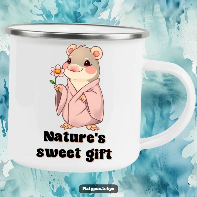 Funny kawaii platypus offering a flower, on a camping mug, for sweet and gentle outdoor enjoyment.