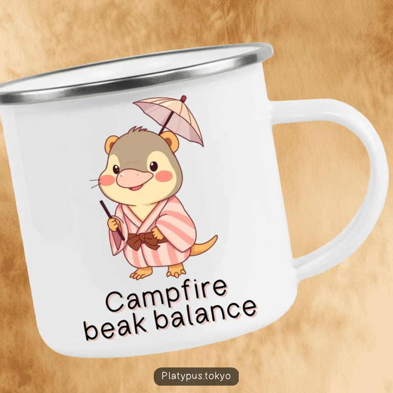Funny platypus camping mug showing a happy animal in a pastel kimono balancing a tiny umbrella, ideal for outdoor enthusiasts.
