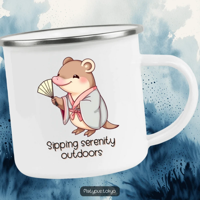 Funny platypus in a kimono, reaching for a fan, on a durable camping mug, for sipping coffee and enjoying nature.