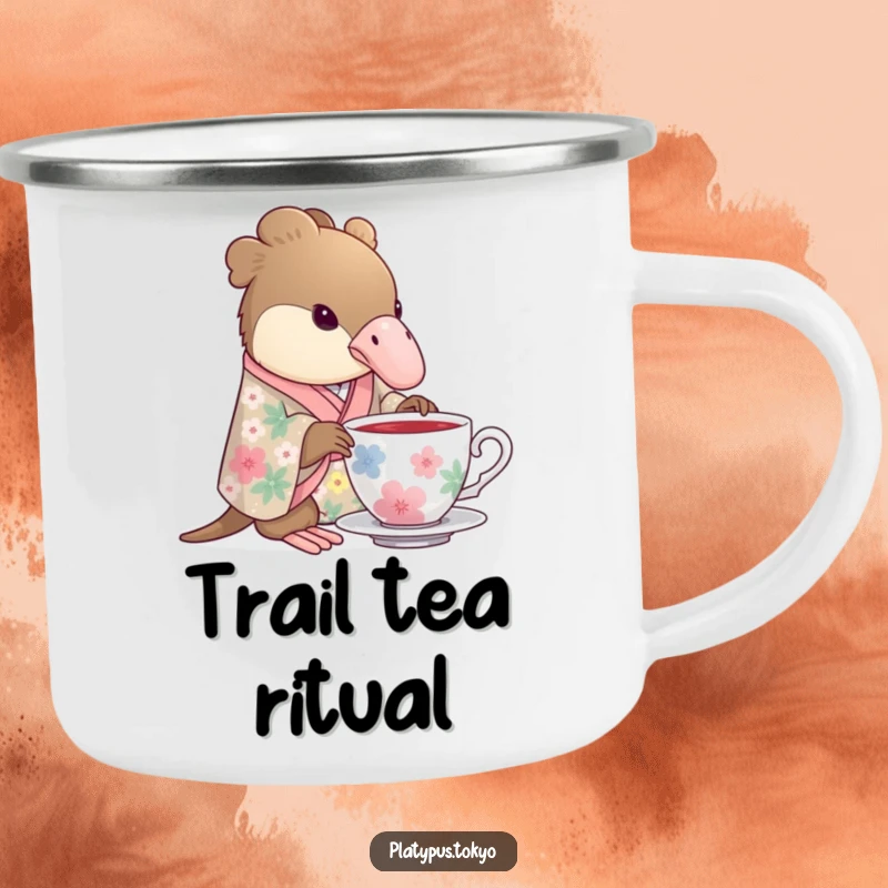 Funny Camping Mug with a platypus wearing a floral kimono gracefully dipping its beak into a teacup, great for camping.