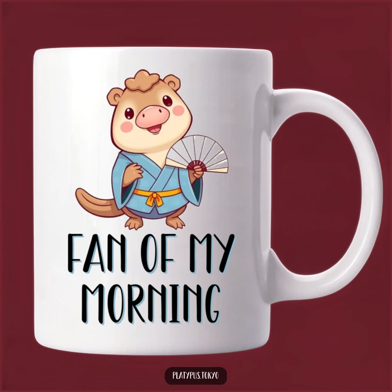 Cheerful Platypus Mug: Funny Blue Kimono Fan Balance Gift