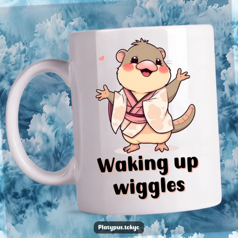 Funny platypus in a kimono doing a comical, wiggly dance, featured on a mug, spilling energy and humor.