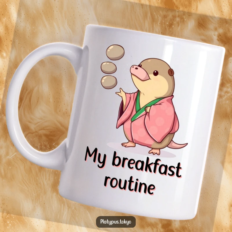 Funny Mug with a platypus in a vibrant kimono playfully juggling three smooth, round pebbles, bringing joy.