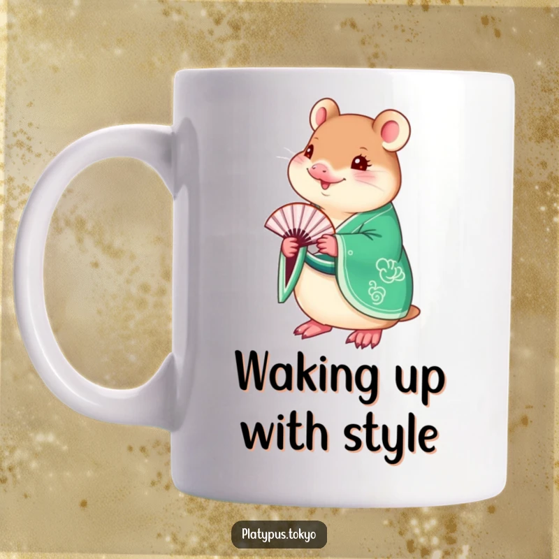 Funny Platypus Kimono Mug featuring a charming platypus dressed in a vibrant emerald green kimono, gracefully holding a delicate fan.