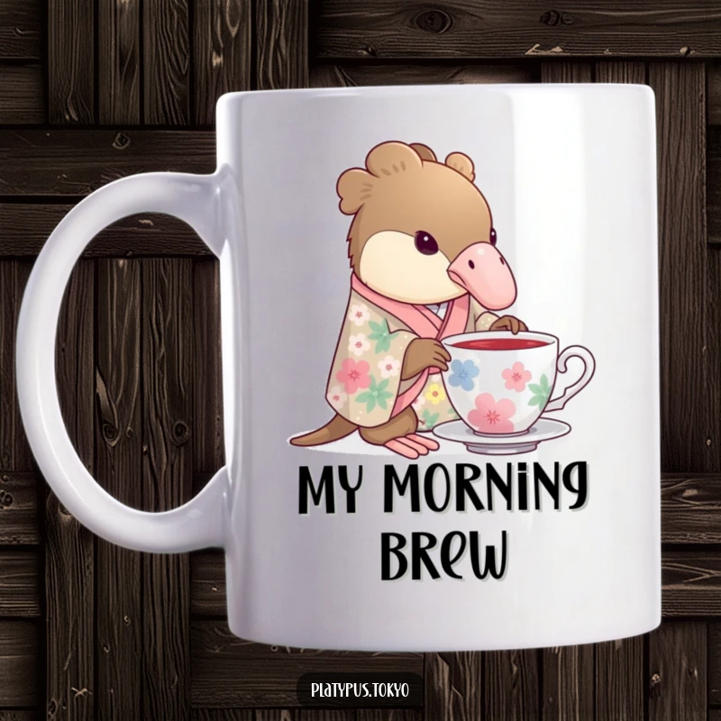 Funny Mug with a platypus wearing a floral kimono gracefully dipping its beak into a teacup, enjoying tea.