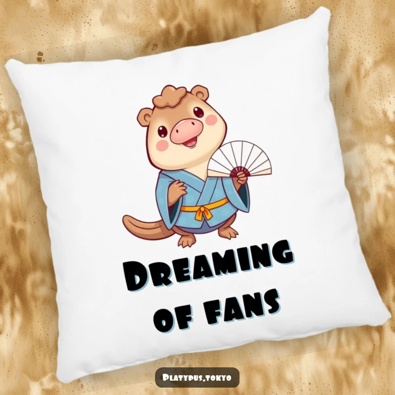 Funny Pillow with a cheerful platypus in a blue kimono balancing a fan on its bill, for comfortable relaxation.