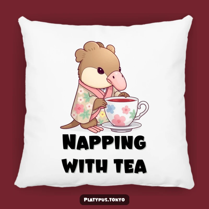 Comforting Pillow: Funny Platypus Tea Time in Floral Kimono, Calm Sip