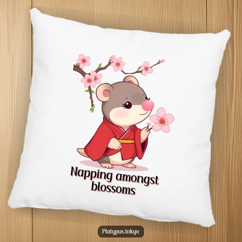 Funny Platypus Cherry Blossom Pillow with a small platypus in a scarlet kimono curiously examining a blooming cherry blossom.