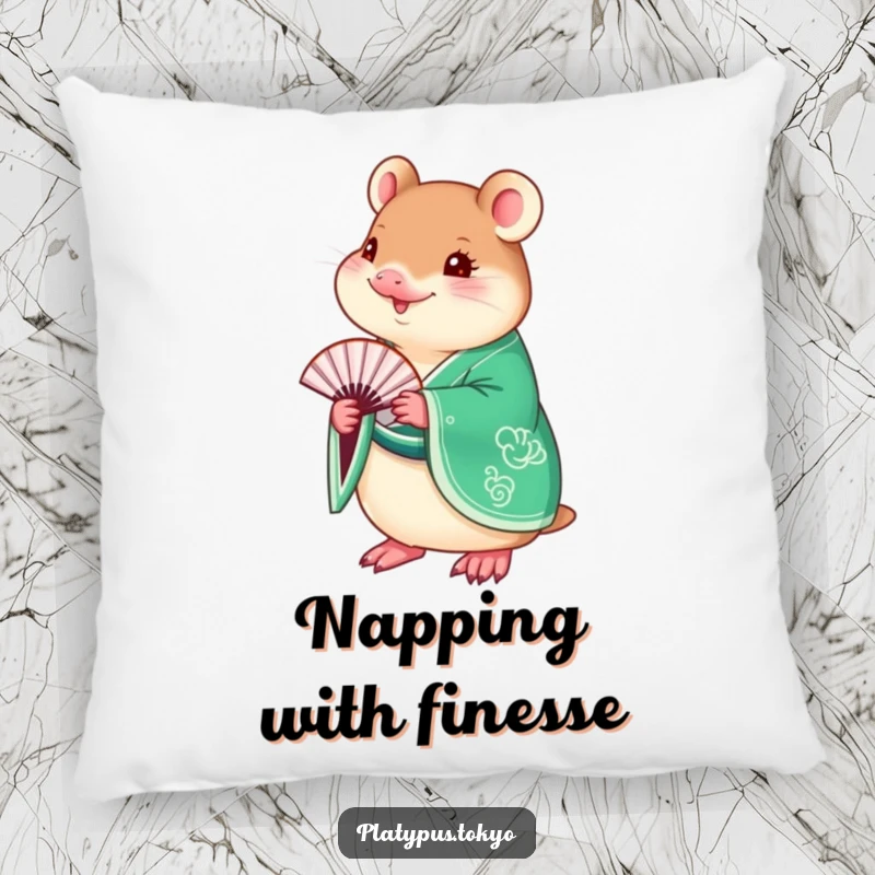 Funny Platypus Kimono Pillow with a charming platypus in a vibrant emerald green kimono, holding a delicate fan.