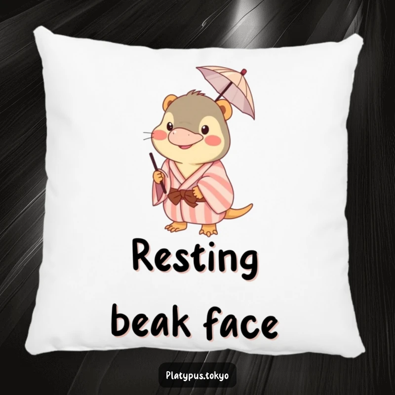 Funny platypus pillow with a happy animal in a pastel kimono, hilariously balancing a miniature umbrella on its beak, soft and amusing.