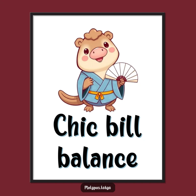 Digital Art Print: Funny Platypus Fan Balance in Blue Kimono, Cheerful