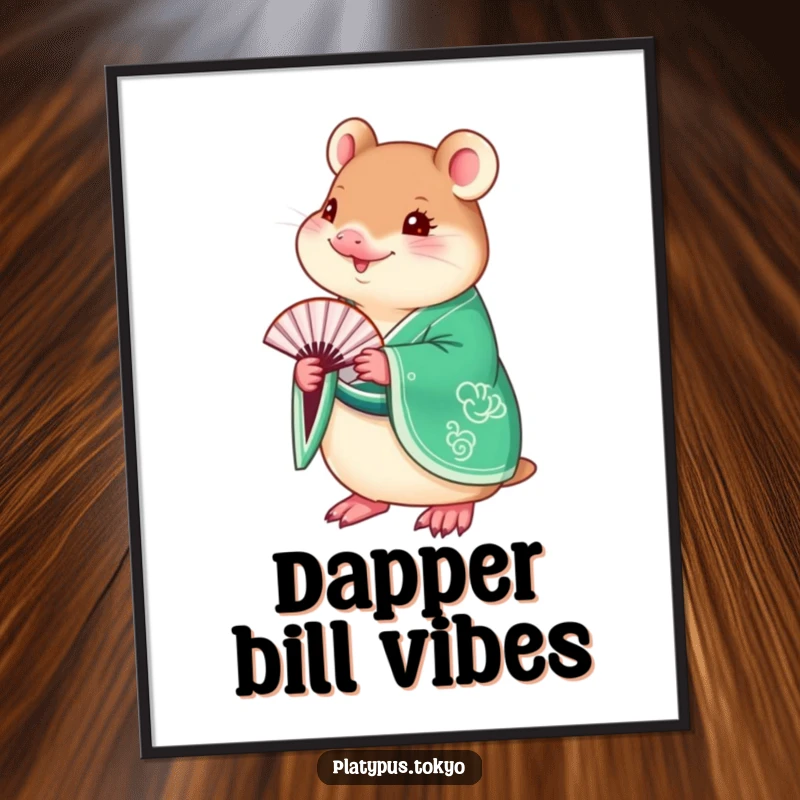 Funny Platypus Kimono Digital Art Print of a charming platypus in a vibrant emerald green kimono, holding a delicate fan.