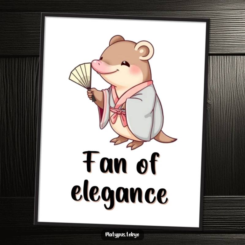 Funny platypus in a kimono, reaching for a fan, as a digital art print, ready to be framed and displayed.
