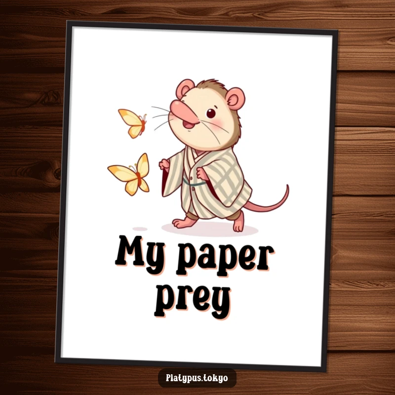 Funny digital art print of a platypus in a kimono, artistically chasing a fluttering paper butterfly with great enthusiasm.