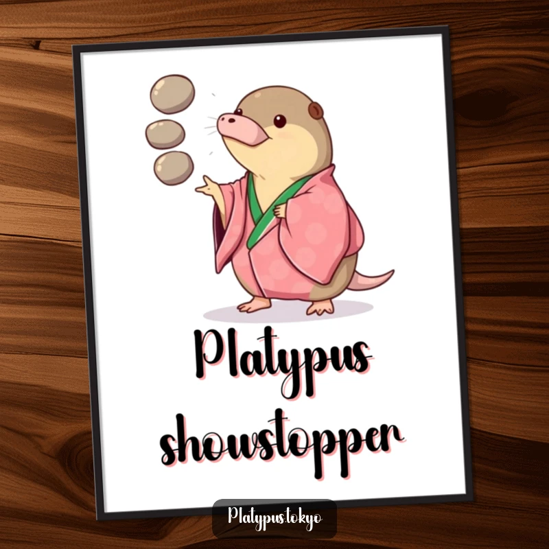 Funny Digital Art Print of a platypus in a vibrant kimono playfully juggling three smooth, round pebbles, for digital display.