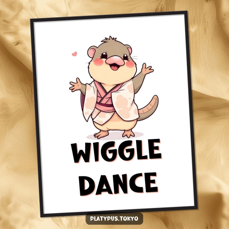 Funny platypus in a kimono doing a wiggly dance, as a digital art print, capturing motion and humor.