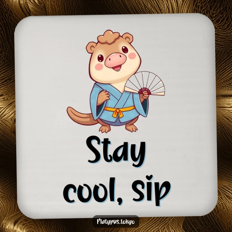 Funny Drink Coaster with a cheerful platypus in a blue kimono balancing a fan on its bill, protecting surfaces.