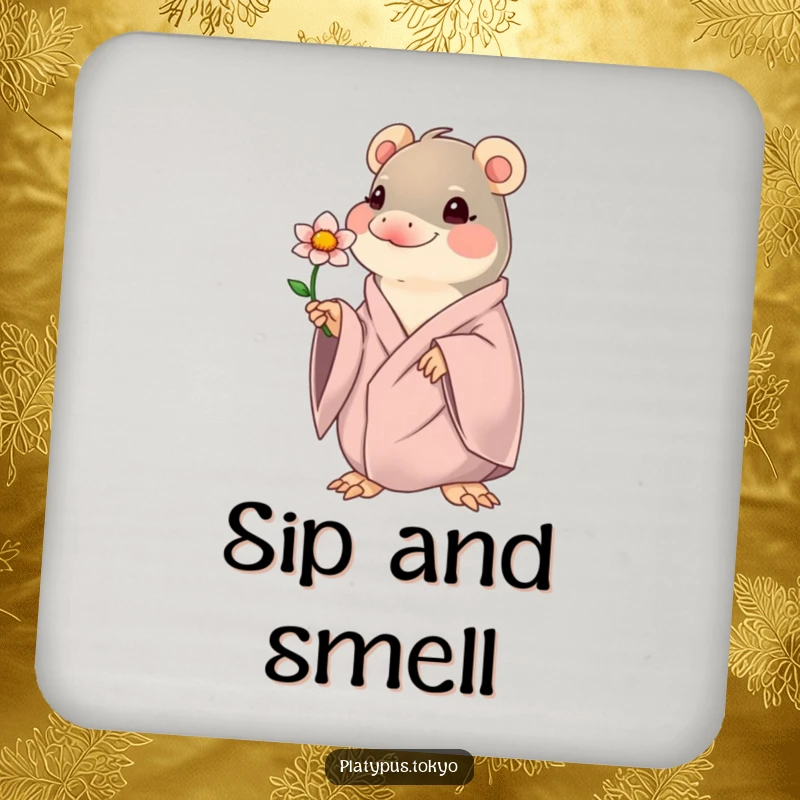 Funny kawaii platypus offering a flower, on a drink coaster, adding cute and gentle humor.