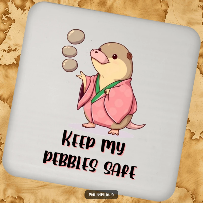 Funny Drink Coaster with a platypus in a vibrant kimono playfully juggling three smooth, round pebbles, protecting surfaces.