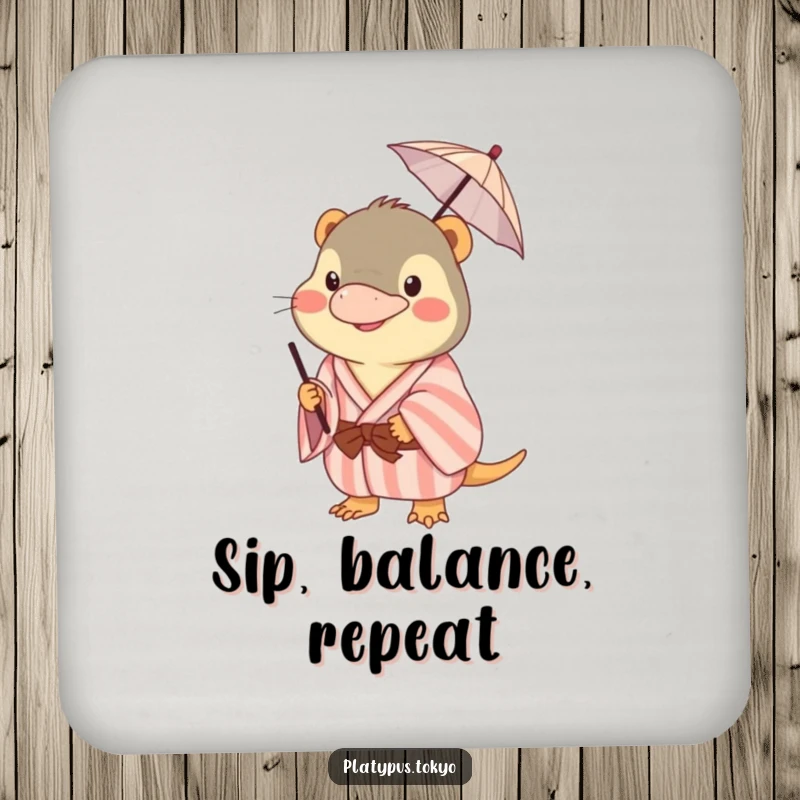 Funny platypus coaster featuring a pastel kimono-clad animal humorously balancing a tiny umbrella on its beak, decorative and functional.