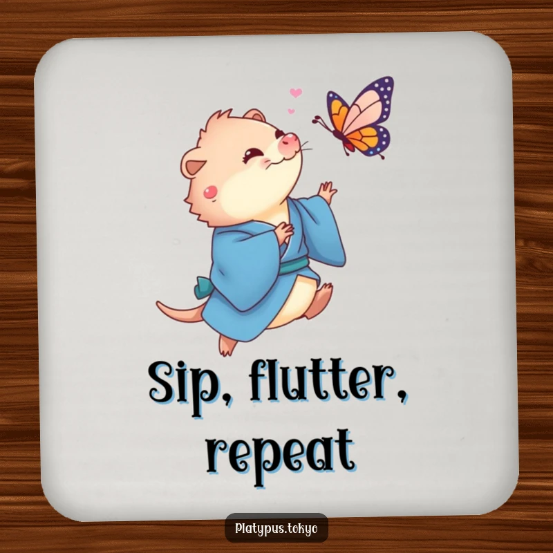 Funny Platypus Butterfly Coaster set showing a cute platypus in a flowing blue kimono playfully chasing a colorful butterfly.