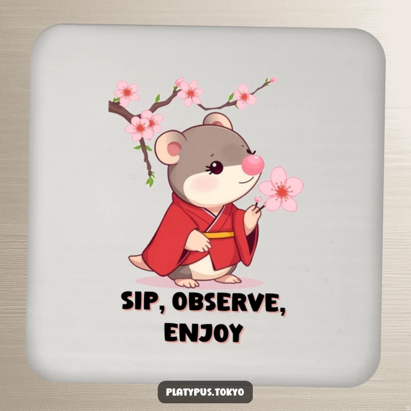 Funny Platypus Cherry Blossom Coaster set showing a small platypus in a scarlet kimono curiously examining a blooming cherry blossom.
