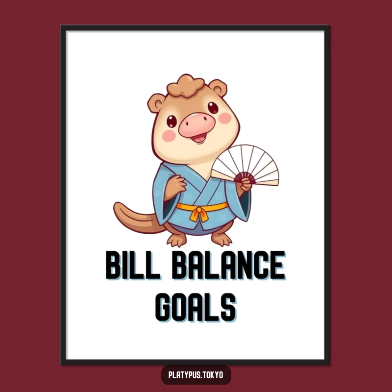 Artistic Poster: Funny Platypus Fan Balance in Blue Kimono, Cheerful