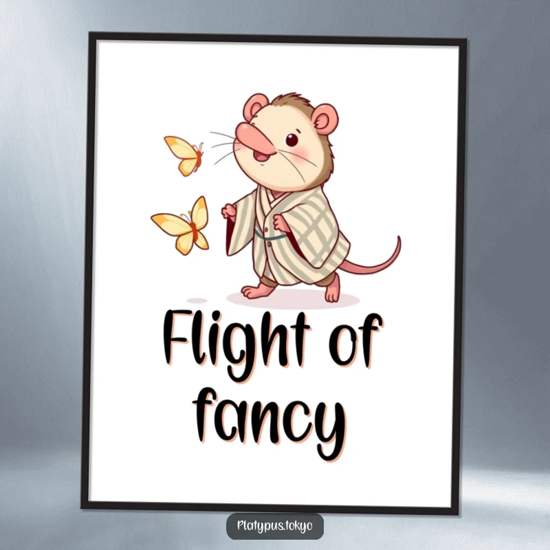 Funny poster of a platypus in a kimono excitedly chasing a fluttering paper butterfly, adding a whimsical touch to decor.