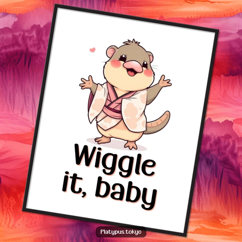 Funny platypus in a kimono doing a wiggly dance, displayed as a poster, bringing energetic humor to walls.