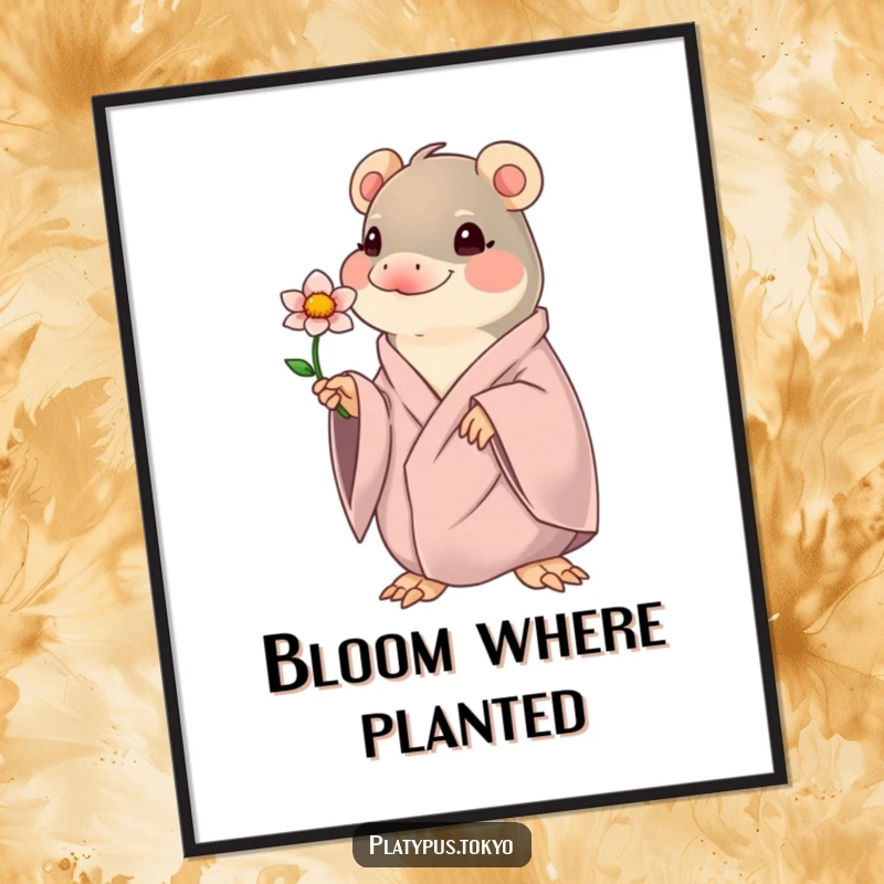 Funny kawaii platypus offering a blooming flower, displayed as a poster, creating a gentle and humorous atmosphere.