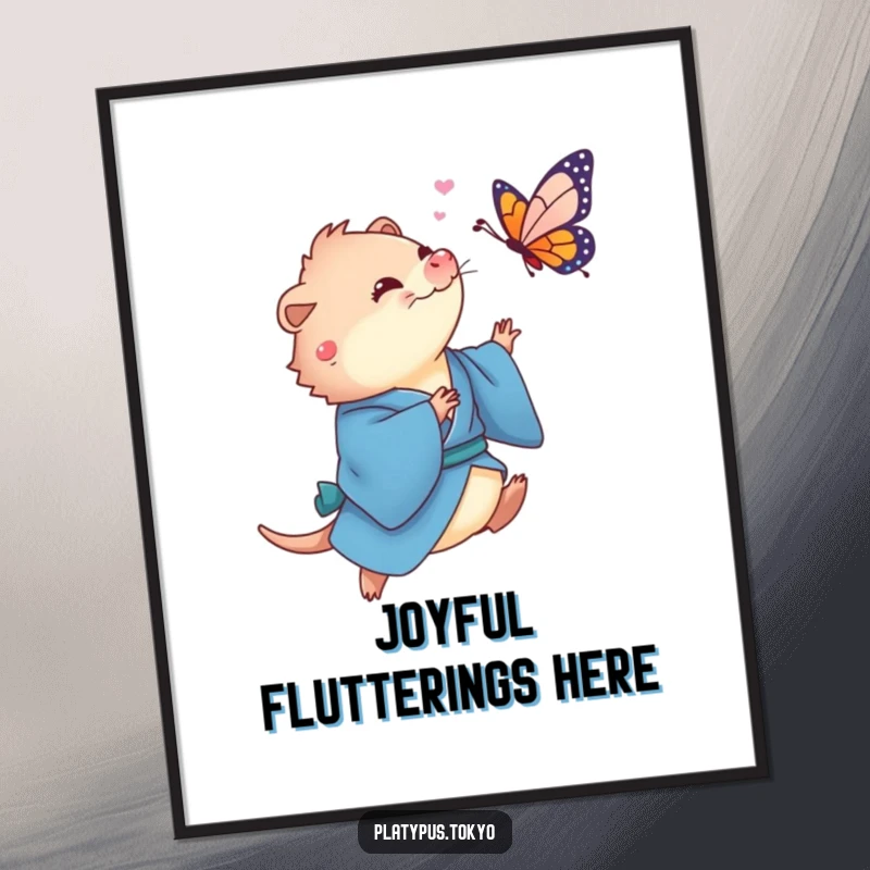 Funny Platypus Butterfly Poster depicting a cute platypus in a flowing blue kimono playfully chasing a colorful butterfly.