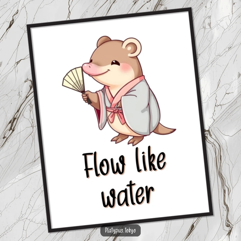 Funny platypus in a kimono, gracefully reaching for a fan, displayed as a high-quality poster, elegant and amusing wall art.