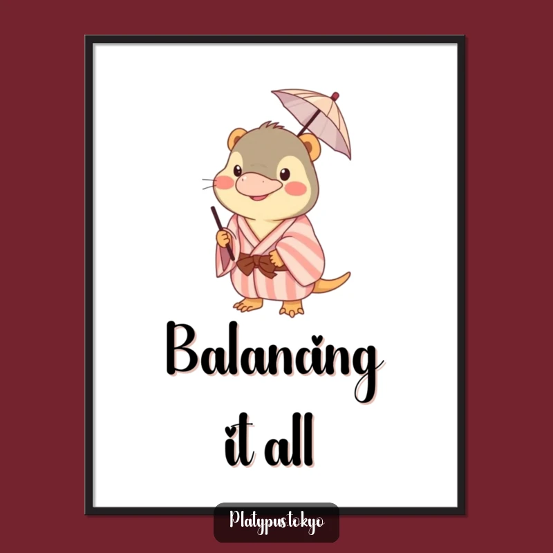 Funny Platypus Kimono Poster: Happy Animal Balancing Umbrella, Quirky Wall Art Gift!