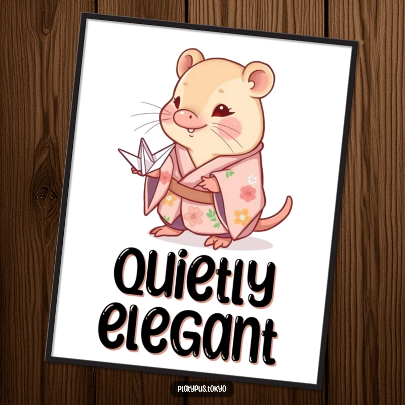 Funny shy platypus poster in a floral kimono, offering a precisely folded paper crane, creating a peaceful and artistic ambiance.