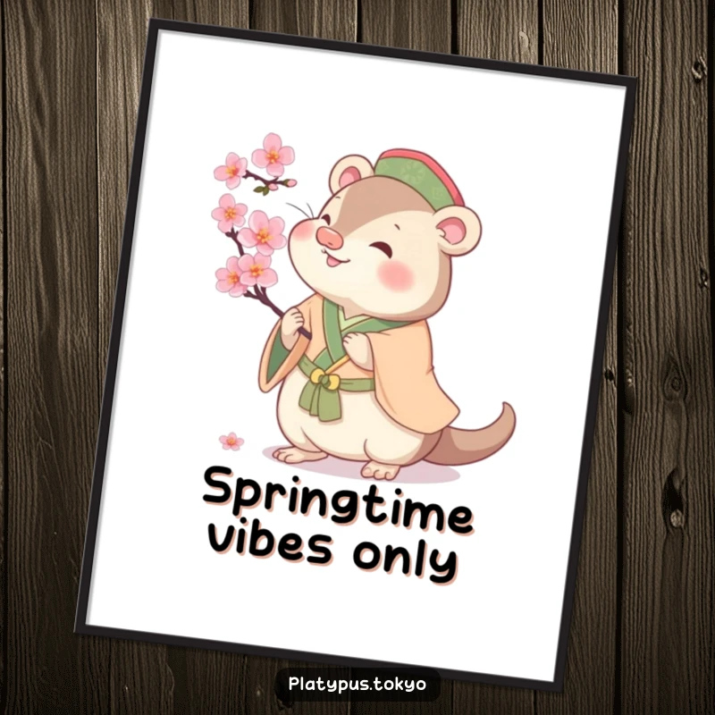 Funny cherubic platypus batting at a cherry blossom, as a poster, bringing playful spring vibes to wall decor.