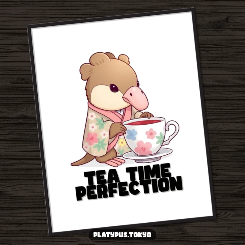 Funny Poster of a platypus wearing a floral kimono gracefully dipping its beak into a teacup, creating a serene scene.