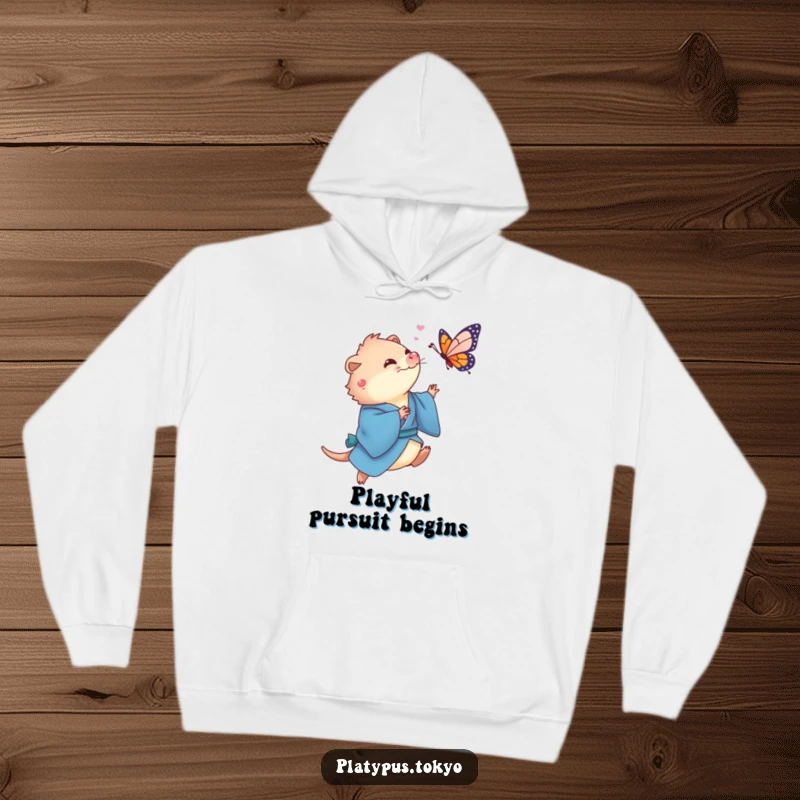 Funny Platypus Butterfly Hoodie with a cute platypus in a flowing blue kimono playfully chasing a colorful butterfly.