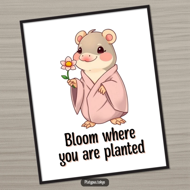Funny Free Printable Wall Art: Kawaii platypus in flowing robes offering a single blooming flower, peaceful and sweetly humorous.