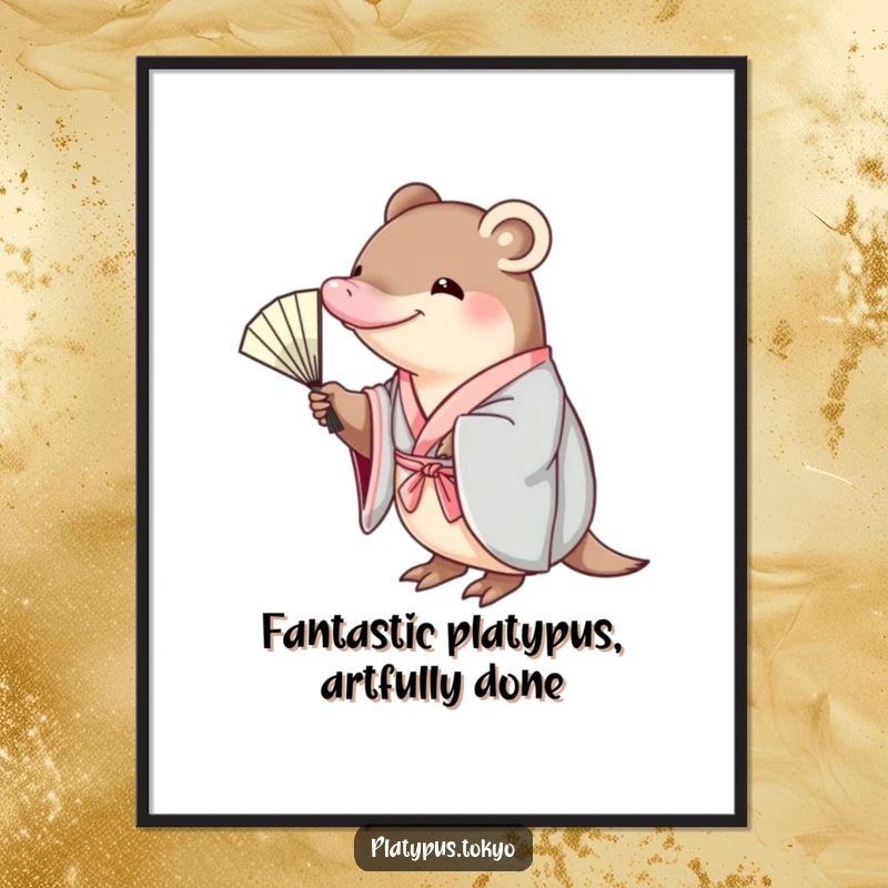 Funny Free Printable Wall Art: Elegant platypus wearing a floral kimono, artfully reaching for a delicate fan, quirky home decor.