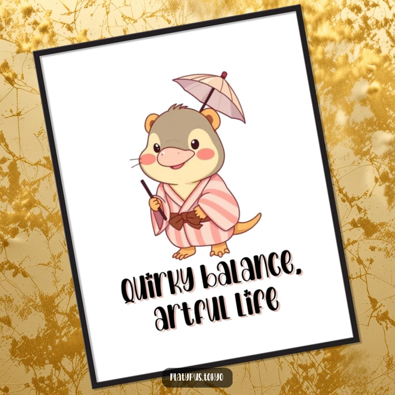 Funny Free Printable Wall Art: A platypus in a pastel kimono humorously balances a tiny umbrella on its beak.