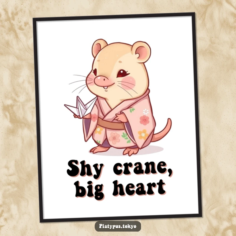 Funny Free Printable Wall Art: A shy platypus in a floral kimono gracefully offers a perfectly folded paper crane.