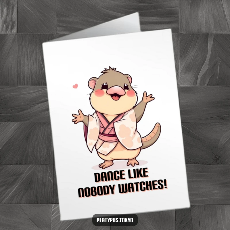 Funny Free Printable Birthday Card: Platypus in a kimono doing a comical, wiggly dance, embracing birthday fun with humor.
