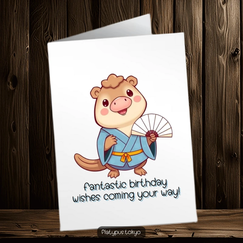 Funny Free Printable Birthday Card: a cheerful platypus in a blue kimono skillfully balances a fan on its bill with a happy expression.