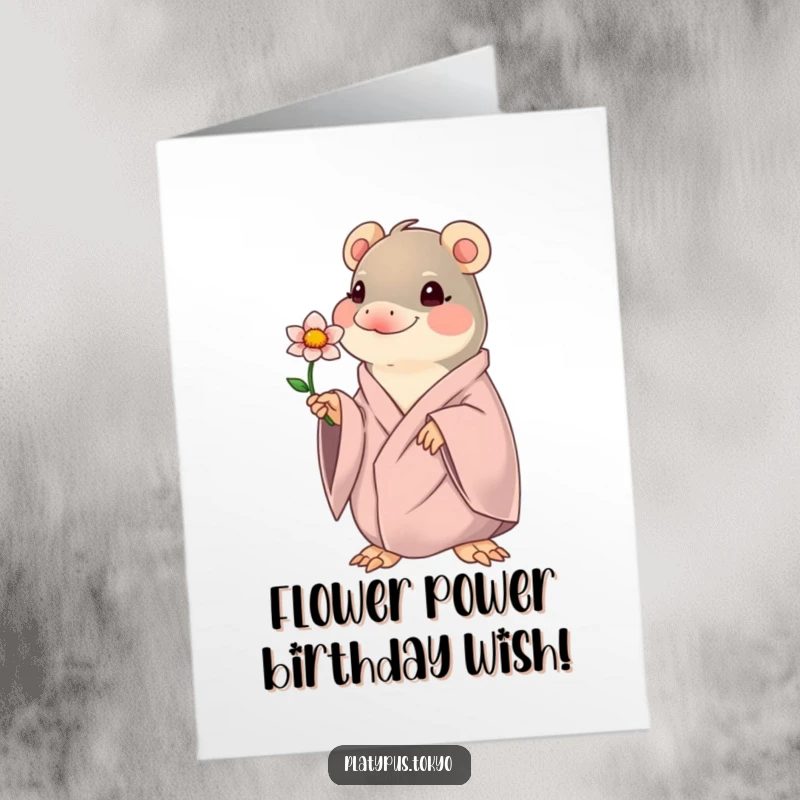 Funny Free Printable Birthday Card: Kawaii platypus in flowing robes gently offering a single blooming flower, sweet and heartfelt.