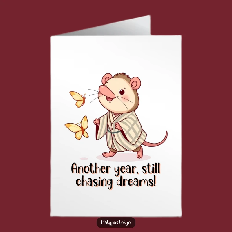 Free Printable Birthday Card: Funny Platypus in Kimono Chasing Butterfly Gift